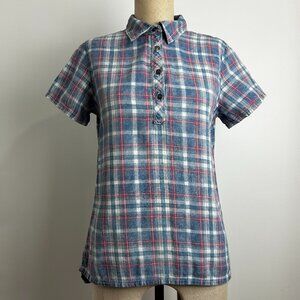 Orvis Plaid Short Sleeve Shirt 1/4 Button Up Top 100% Cotton